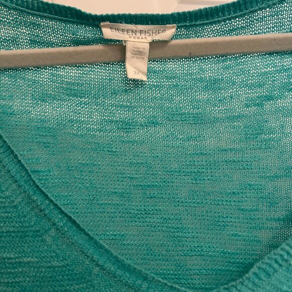 Eileen Fisher Sweater Women's Turquoise Long Sleeve Linen Blend Tunic V Neck 2XL - Picture 2 of 4
